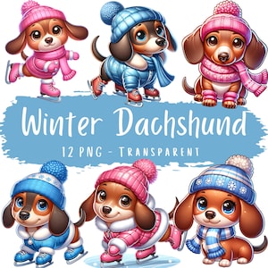 Bundle de cliparts teckel d'hiver 12 fichiers d'art numérique teckel PNG, saucisse mignon chien patinage snowboard chiens d'hiver scrapbooking