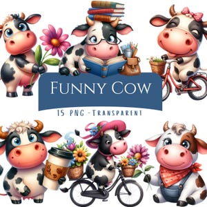 Puede incluir: Un conjunto de vacas de dibujos animados en varias poses. Una vaca está leyendo, otra montando en bicicleta, y otras sostienen flores o tazas de café. La imagen incluye el texto "FUNNY COW" y "15 PNG - TRANSPARENT".