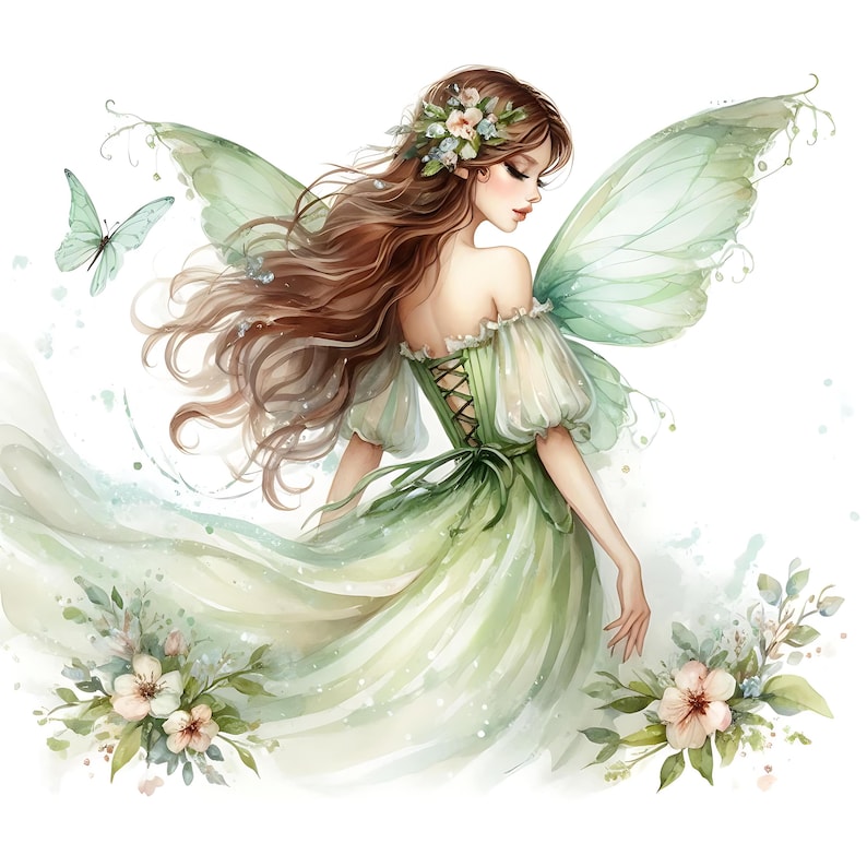 15 JPG Light Green Fairy Clipart Bundle Watercolor Magical Fantasy ...