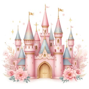 Pode incluir: Um castelo rosa e dourado com m&uacute;ltiplas torres e uma grande porta adornada. O castelo &eacute; cercado por flores cor-de-rosa e folhas verdes.