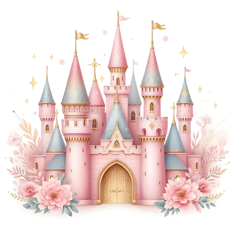 Pode incluir: Um castelo rosa e dourado com m&uacute;ltiplas torres e uma grande porta adornada. O castelo &eacute; cercado por flores cor-de-rosa e folhas verdes.