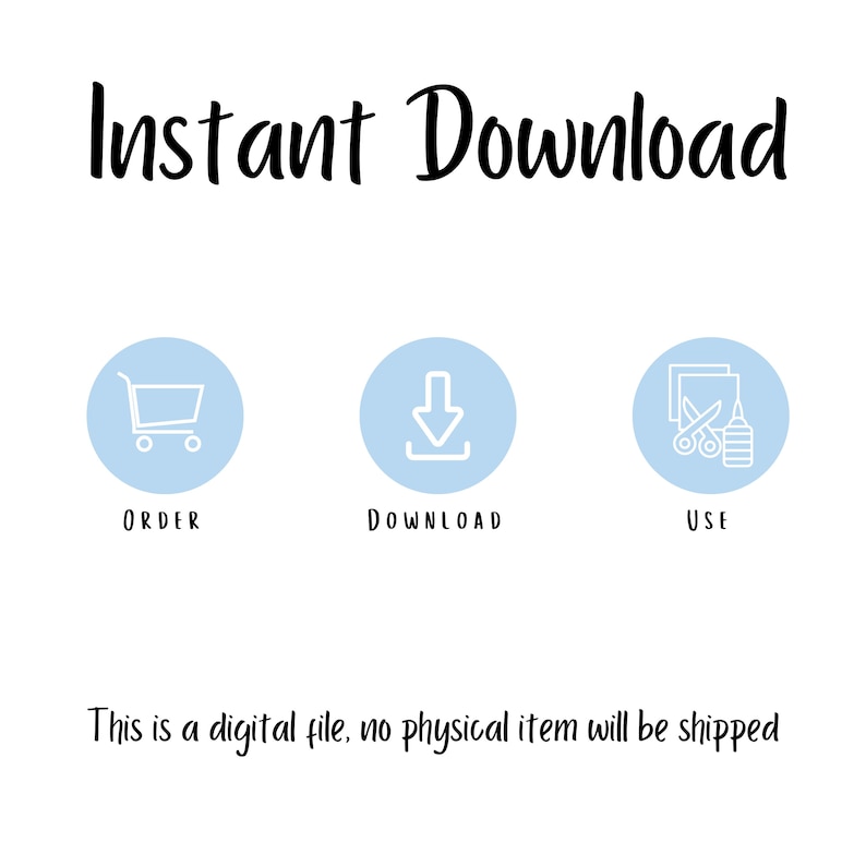 Pode incluir: Um gr&aacute;fico azul claro com o texto "Download instant&acirc;neo" em preto. Tr&ecirc;s c&iacute;rculos azuis claros com &iacute;cones brancos representam as etapas para baixar um arquivo digital: encomendar, baixar e usar.