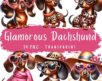 Glamorous Dachshund Clipart Bundle 14 PNG Cute Wiener Dog Clip Art Girly Dachshund with Sunglasses Adorable Dog Breed Digital Art