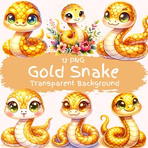 Pacote de clipart de cobra dourada 12 PNG aquarela de alta qualidade fofo floral cobra dourada download digital arte réptil adesivos de cobra para impressão