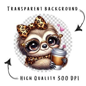 Cute Sloth Girl Clipart Bundle 12 PNG High Quality Watercolor Coquette Bow Coffee Girly Sloth Printable Stickers Digital Crafting Downloads image 3