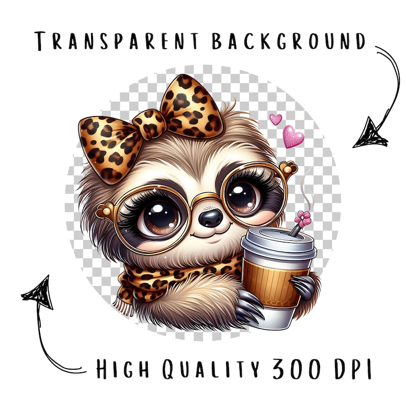 Cute Sloth Girl Clipart Bundle 12 PNG High Quality Watercolor Coquette Bow Coffee Girly Sloth Printable Stickers Digital Crafting Downloads image 3