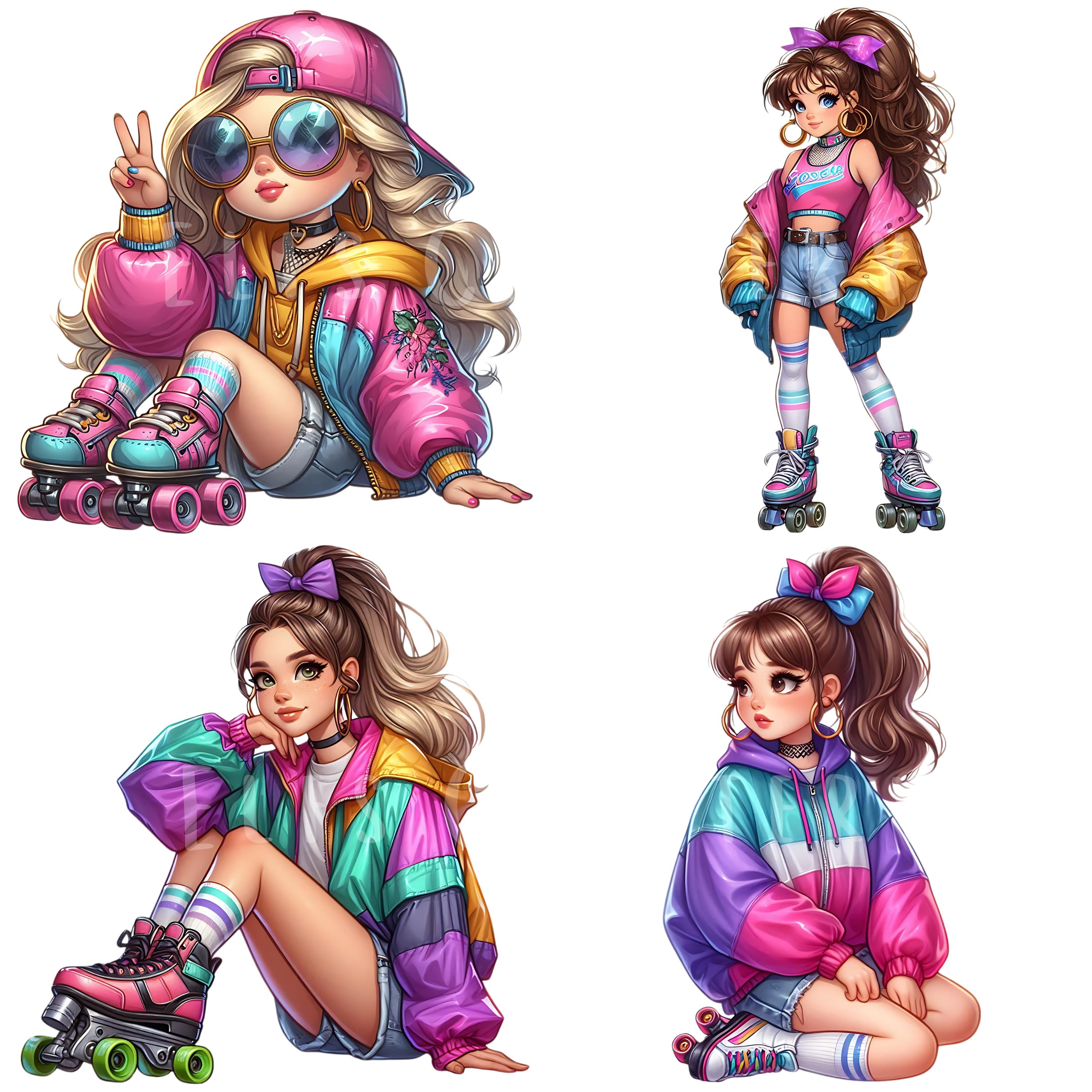 90s Roller Skater Girl Clipart Bundle 15 PNG Files 90s Digital Art