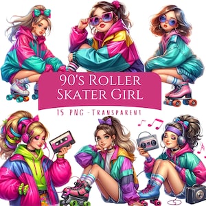 Paquete de imágenes prediseñadas de chica patinadora de los años 90, 15 archivos PNG, paquete de arte digital de los años 90, imágenes de lindas chicas patinando, gráficos retro, imágenes de revistas basura