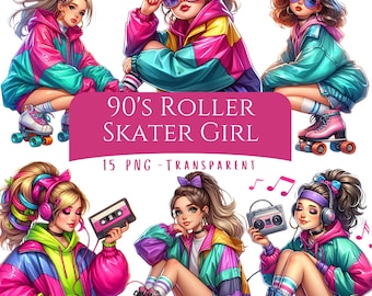90s Roller Skater Girl Clipart Bundle 15 PNG Files 90s Digital Art Pack Cute Girl Roller Skates Images Retro Graphics Junk Journal Images