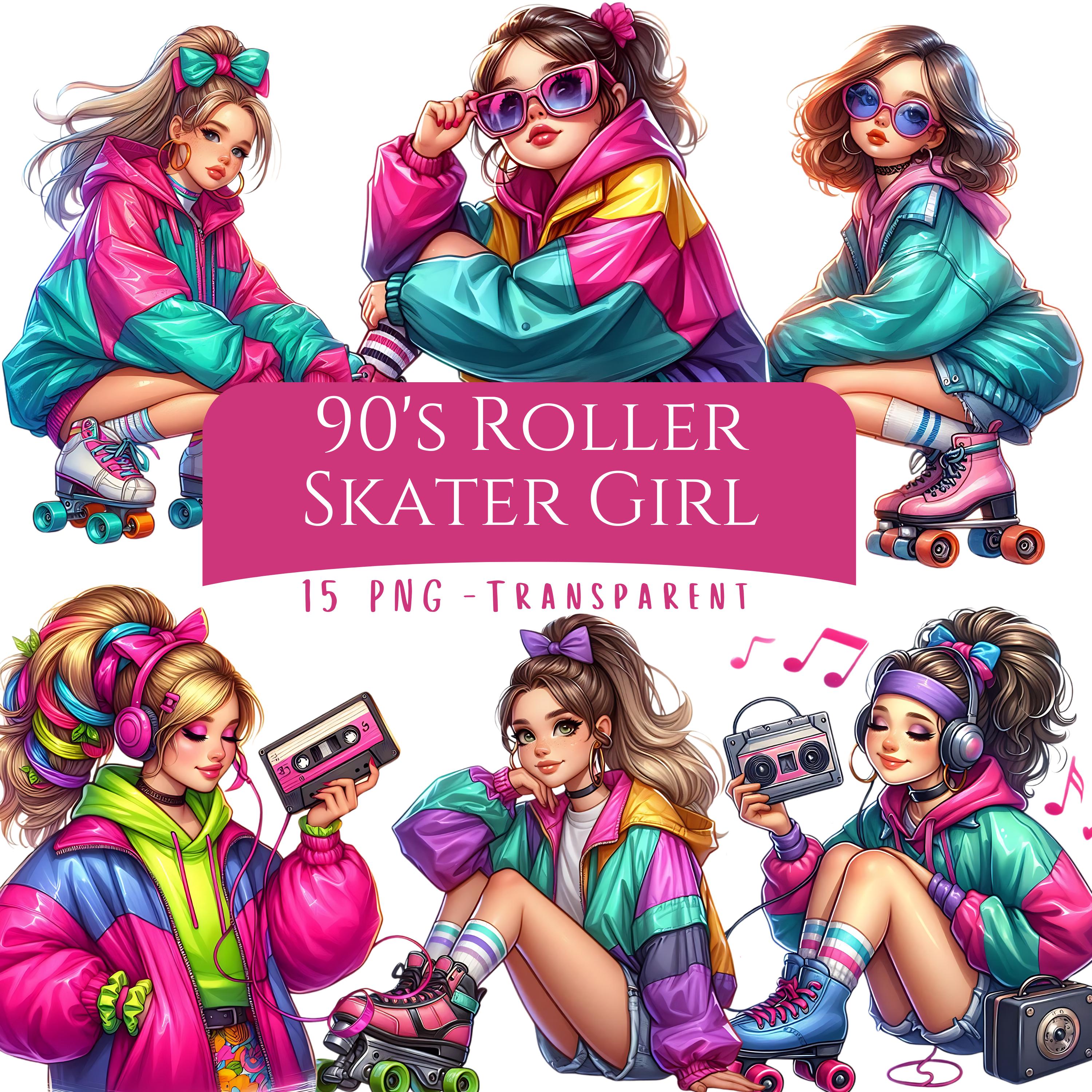 90s Roller Skater Girl Clipart Bundle 15 PNG Files 90s Digital Art
