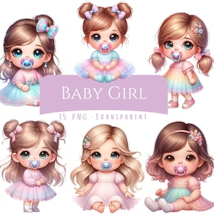 Baby Girl Clipart Bundle 15 PNG High Quality Watercolor Cute Little Girl Digital Download Printable Toddler Baby Shower Girl Paper Crafts