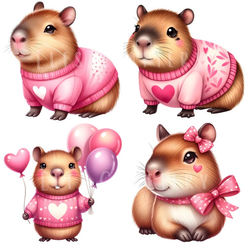 Puede incluir: Ilustraci&oacute;n de cuatro adorables carpinchos. Cada carpincho lleva un su&eacute;ter rosa con dise&ntilde;os de coraz&oacute;n. Uno sostiene globos, otro tiene un lazo, y los dem&aacute;s tienen detalles de coraz&oacute;n en sus su&eacute;teres. La imagen tiene un estilo lindo y de dibujos animados.