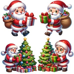 May include: A festive illustration featuring four images of Santa Claus. Each Santa is dressed in a red suit and hat, carrying gifts and a sack. Two Christmas trees are decorated with ornaments and topped with stars. Presents are at the base of the trees.