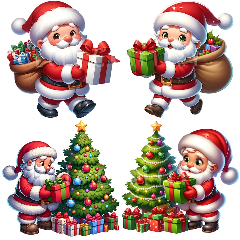 May include: A festive illustration featuring four images of Santa Claus. Each Santa is dressed in a red suit and hat, carrying gifts and a sack. Two Christmas trees are decorated with ornaments and topped with stars. Presents are at the base of the trees.
