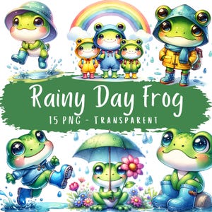 Rainy Day Frog Clipart Bundle 15 PNG High Quality Watercolor Frog Ilustrations Cute Frog Digital Art Download Printables for Crafting