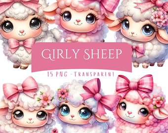 15 PNG Girly Sheep Clipart Bundle, Digital Download,  Farm Animal,  Printable Images, Junk Journal , Scrapbook Stickers