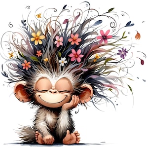 Puede incluir: Ilustración de un mono sonriente con los ojos cerrados, apoyando la barbilla en su mano. El pelaje del mono es una mezcla de blanco y gris, y su cabeza está adornada con flores coloridas y follaje. El estilo general es de dibujos animados y alegre.