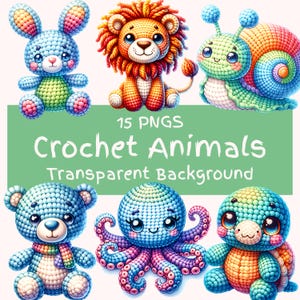 Pacote de clipart de animais de crochê 15 arquivos de arte digital PNG Pacote de crochê fofo Kawaii Arte digital Download instantâneo de animais para impressão para crianças