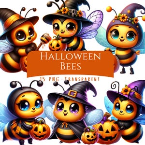 May include: A collection of cartoon bees dressed in Halloween costumes. The bees are yellow and black with large eyes and are wearing witch hats and capes. Some bees are holding carved pumpkins. The image includes the text "HALLOWEEN BEES".