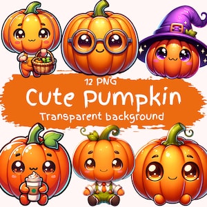 Bundle de clipart citrouille mignon 12 PNG de haute qualité dessin animé Halloween citrouille personnage en téléchargement numérique Stickers imprimables papier artisanat Pngs