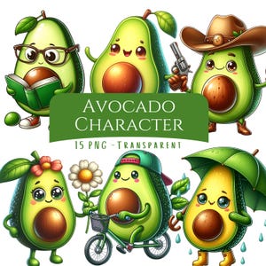 Avocado Character Clipart Bundle 15 PNG High Quality Cartoon Cute Avocado Faces Digital Download Crafting Files Printable Fruit Stickers