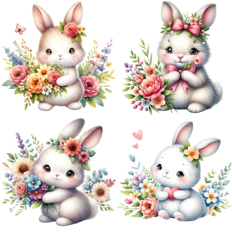 Flower Bunny Clipart Bundle 15 PNG High Quality Watercolor Cute Spring ...