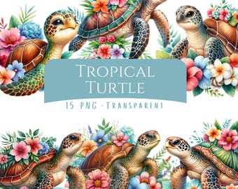 Tropical Turtle Clipart Bundle 15 PNG Floral Summer Sea Turtle Digital Download Reptile Png Paper Crafts Cute Animal Clipart Hawaii Scapbook
