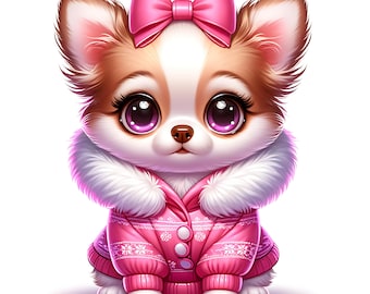 May include: A small, white and brown chihuahua wearing a pink sweater with a white fur collar and a pink bow. The chihuahua has large, purple eyes.