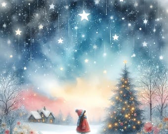 15 JPG Starry Night Christmas Digital Art Bundle Watercolor Magical Night Stars Christmas Girl Landscape Digital Download Snowy Winter Scene