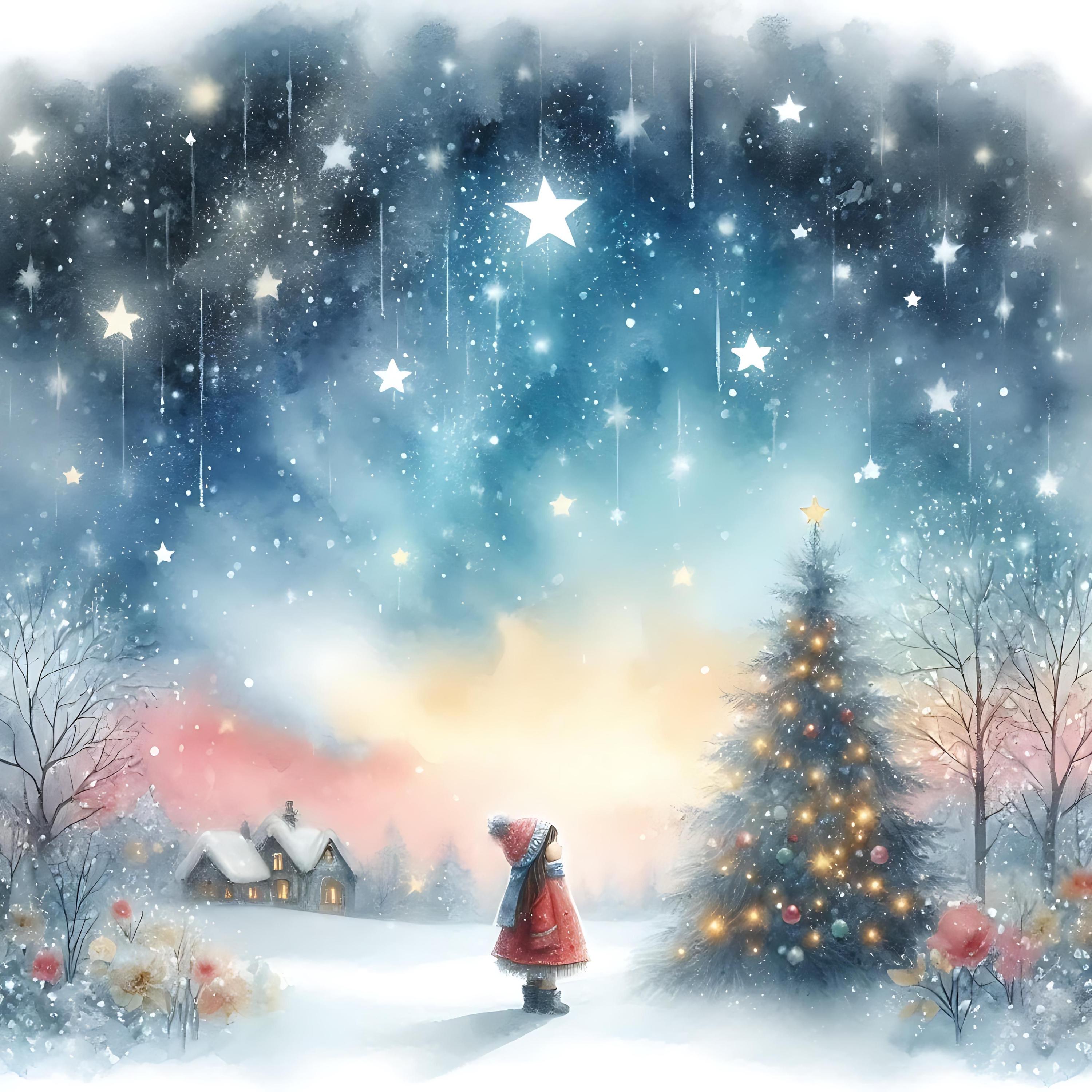 絵画 Winter song- Christmas 15 JPG Starry Night Christmas Digital Art Bundle Watercolor
