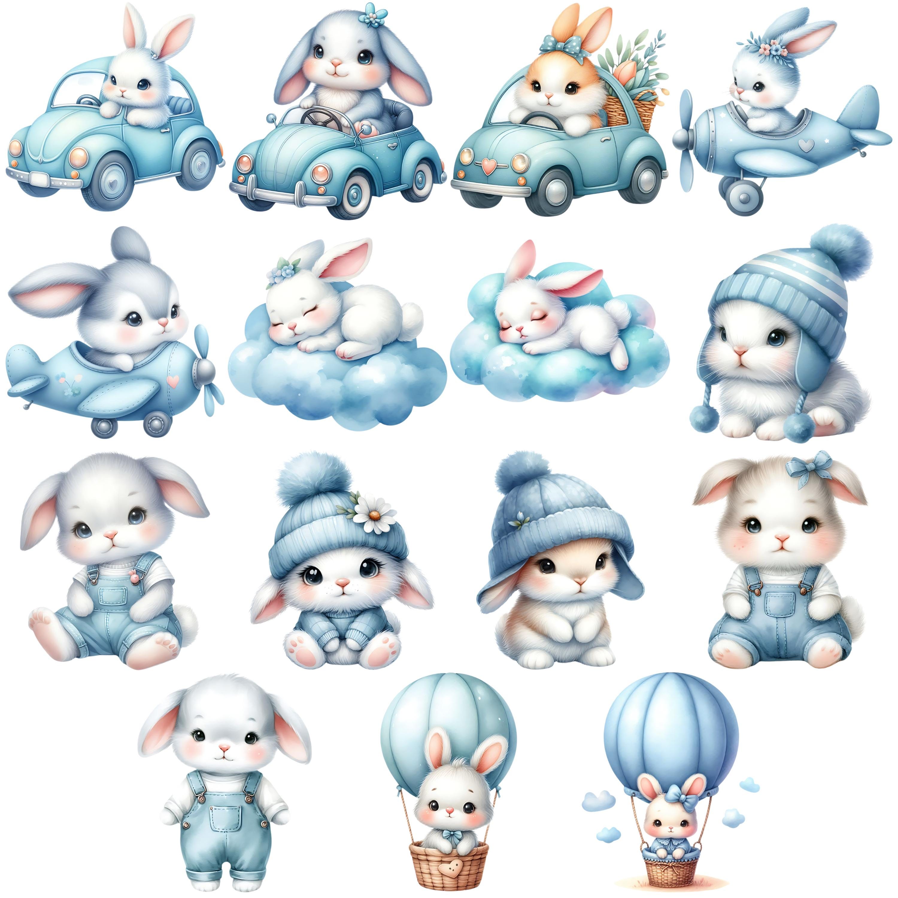 Soft Blue Bunny Clipart Bundle 15 PNG Watercolor Baby Bunny Nursery ...