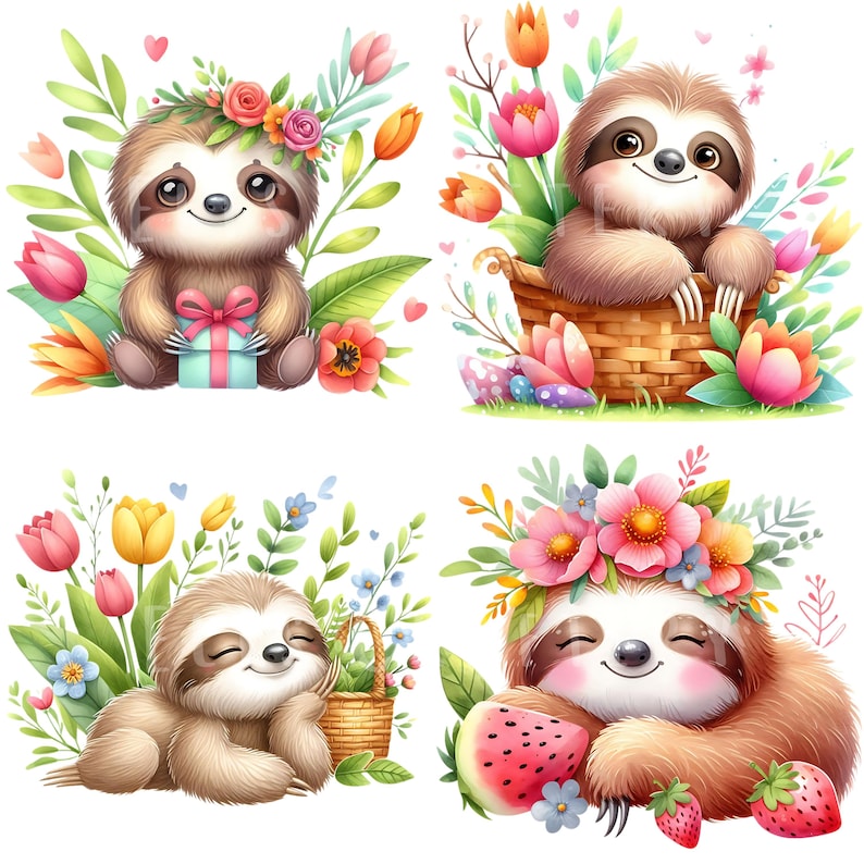 Sloth Spring Roll Spring Sloth Clipart Bundle 12 PNG High Quality Watercolor Floral Sloth ...