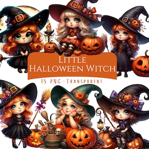 May include: Digital illustration featuring several cartoon witches with big eyes, wearing black dresses and pointed hats adorned with pumpkins and flowers. The image includes the text "LITTLE HALLOWEEN WITCH" and "15 PNG - TRANSPARENT".