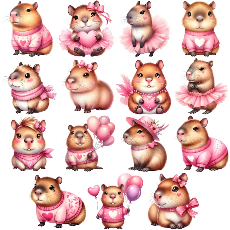 Puede incluir: Ilustraciones digitales de carpinchos en varios atuendos. Algunos llevan su&eacute;teres rosas con dise&ntilde;os de coraz&oacute;n, tut&uacute;s o sostienen globos y corazones. Los carpinchos tienen pelaje marr&oacute;n y est&aacute;n decorados con lazos y accesorios.