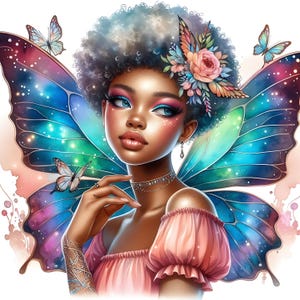 Pacote de clipart de fada borboleta africana 18 JPG, linda garota negra encantada, princesa fada afro, download digital, artesanato em papel para impressão