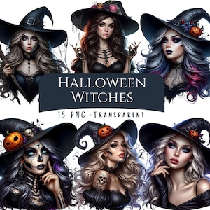 Könnte beinhalten: Digitale Kunst mit sechs glamourösen Hexen mit schwarzen Hüten, jede mit einzigartigem Make-up und Frisuren. Das Bild enthält den Text "HALLOWEEN WITCHES" und "15 PNG - TRANSPARENT". Die Hexen sind mit Accessoires wie Kürbissen und Totenköpfen geschmückt.