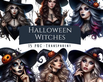 Halloween Witches Clipart Bundle 15 PNG High Quality Watercolor Spooky Witch Digital Download Halloween Printable Gothic Journal Images