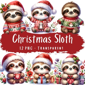 Christmas Sloth Clipart Bundle 12 PNG Digital Art Christmas Theme Watercolor Sloth Clip Art Images Xmas Project Images Christmas Animals