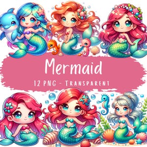 Zeemeermin clipartbundel 12 digitale png-bestanden schattige zeemeermin met zeepaardjes schelpen en dolfijnen afdrukbare stickers clipart commercieel gebruik