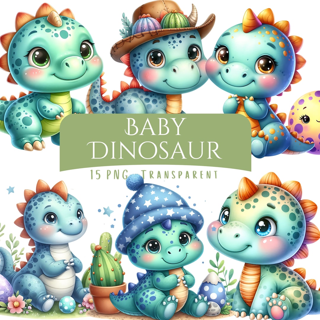 15 PNG Baby Dinosaur Clipart Bundle, Nursery Dino, Watercolor Graphics ...