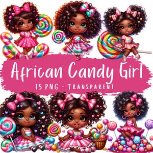 Lot de 15 cliparts afro-américains Candy Girl dessin animé haute qualité mignon cheveux bouclés décalés Sweet Candy Girl téléchargement numérique imprimables