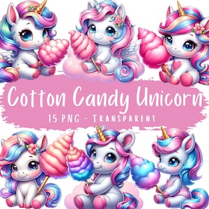 Pacote de clipart de unicórnio de algodão doce com 15 PNG de unicórnio fofo para download digital, cartões de unicórnio de fantasia pastel doce para impressão, arte de scrapbooking