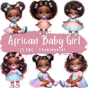 Afrikaanse babymeisje clipartbundel 15 png hoge kwaliteit aquarel schattig klein afromeisje digitale download afdrukbare peuter babyshower png's