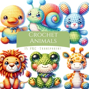 Gehaakte dieren clipartbundel 15 PNG digitale kunstbestanden schattig kawaii haakpakket digitale kunst Instant Download dierlijke printables voor kinderen