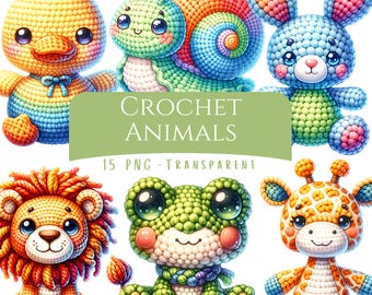 Crochet Animals Clipart Bundle 15 PNG Digital Art Files Cute Kawaii Crochet Pack Digital Art Instant Download Animal Printables for Kids
