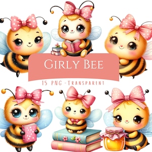 Puede incluir: Ilustración digital de seis adorables abejas de dibujos animados con ojos grandes, lazos rosas y alas. Algunas abejas sostienen libros o un tarro de miel. También se ve el texto "GIRLY BEE" y "15 PNG - TRANSPARENT".