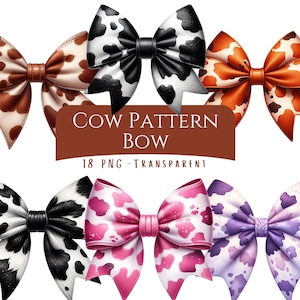 May include: A selection of decorative bows with a cow pattern design. The bows are in various colours, including brown, black, white, orange, pink, and purple. The text "COW PATTERN BOW" is displayed on a brown banner, along with "18 PNG - TRANSPARENT".