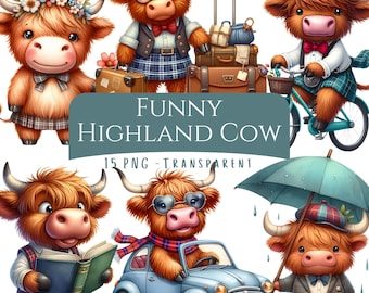 Funny Highland Cow Clipart Bundle 15 PNG Watercolor Cute Quirky Long Hair Cow Digital Download Funny Farm Animals Printable Cow Stickers