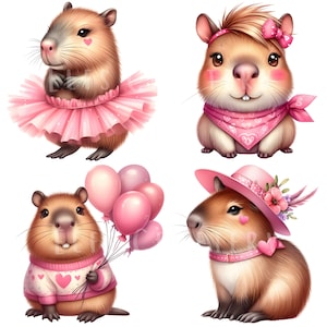 Puede incluir: Cuatro adorables carpinchos con diferentes atuendos. Uno lleva un tut&uacute; rosa, otro una bandana rosa, un tercero sostiene globos rosas y el &uacute;ltimo tiene un sombrero y un collar rosas. Cada uno tiene un coraz&oacute;n en la mejilla, creando un tema lindo y caprichoso.