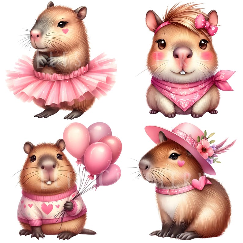 Puede incluir: Cuatro adorables carpinchos con diferentes atuendos. Uno lleva un tut&uacute; rosa, otro una bandana rosa, un tercero sostiene globos rosas y el &uacute;ltimo tiene un sombrero y un collar rosas. Cada uno tiene un coraz&oacute;n en la mejilla, creando un tema lindo y caprichoso.